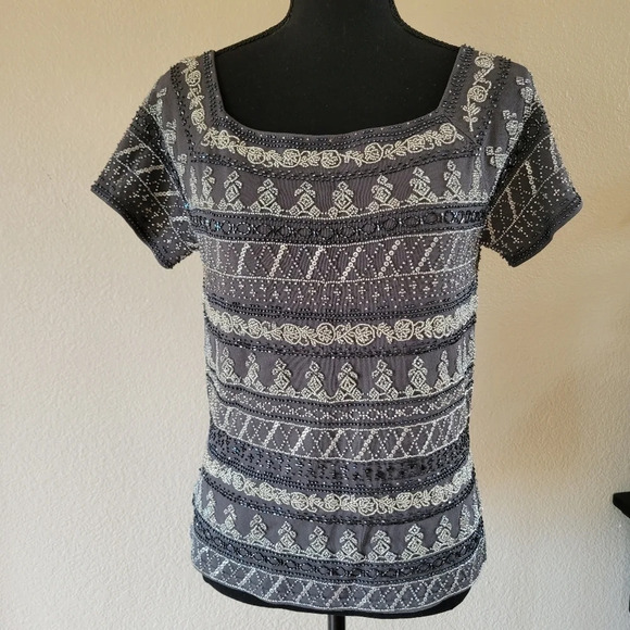 VTG DANA BUCHMAN Grey BEADED Square Neck Rayon/Nylon Short Sleeve Blouse - Picture 1 of 7